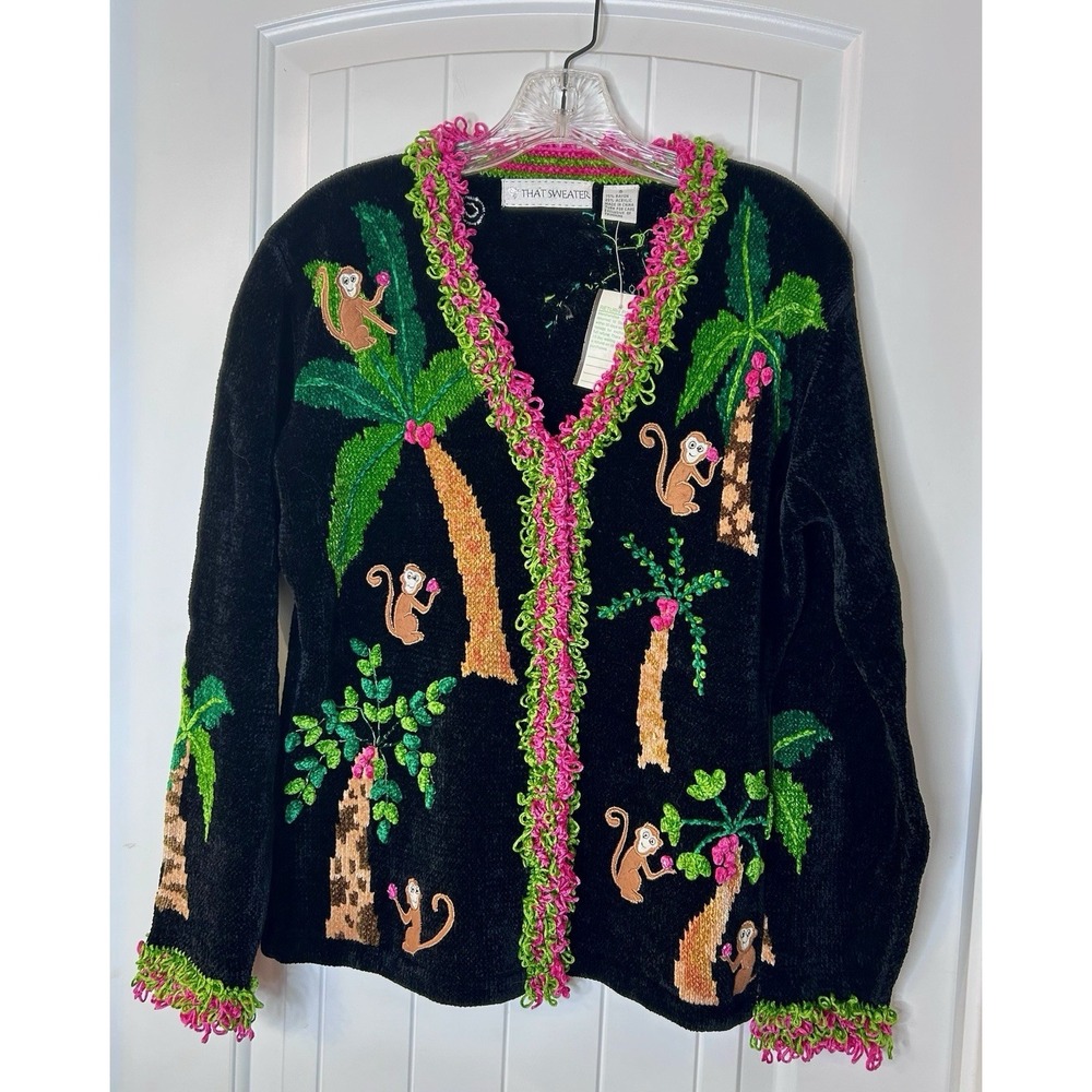 That Sweater Womens Monkey Chenille‎ Art To Wear Sweater Size M Black Funky Fun